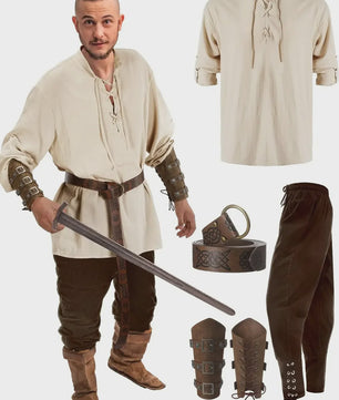 Herencostuum Middeleeuwse Piraat/Viking - Renaissance Set met Shirt, Broek, Riem & Armboeien