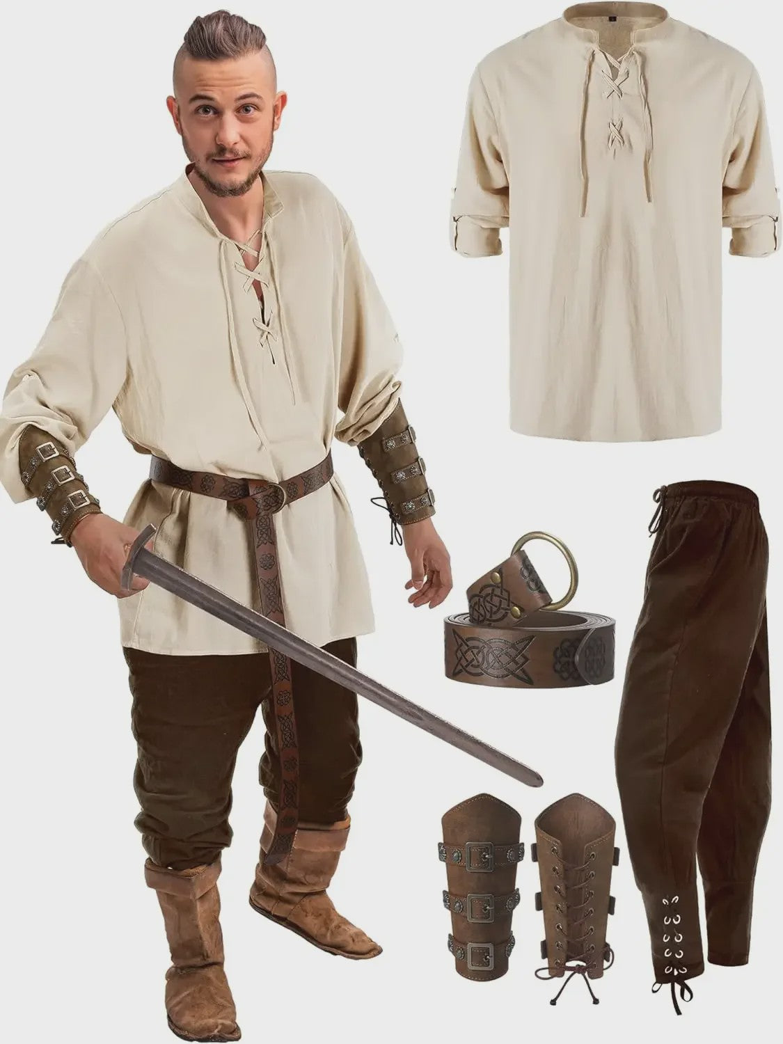 Herencostuum Middeleeuwse Piraat/Viking - Renaissance Set met Shirt, Broek, Riem & Armboeien