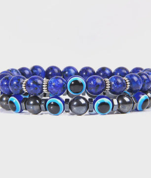 Set van 2 Handgemaakte Natuursteen Armbanden met Hanger Oog van Fatima & Lavasteen/Hematiet