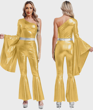 Dames Jumpsuit 70s Disco Metallic Met Wijde Pijpen en Flare Mouwen