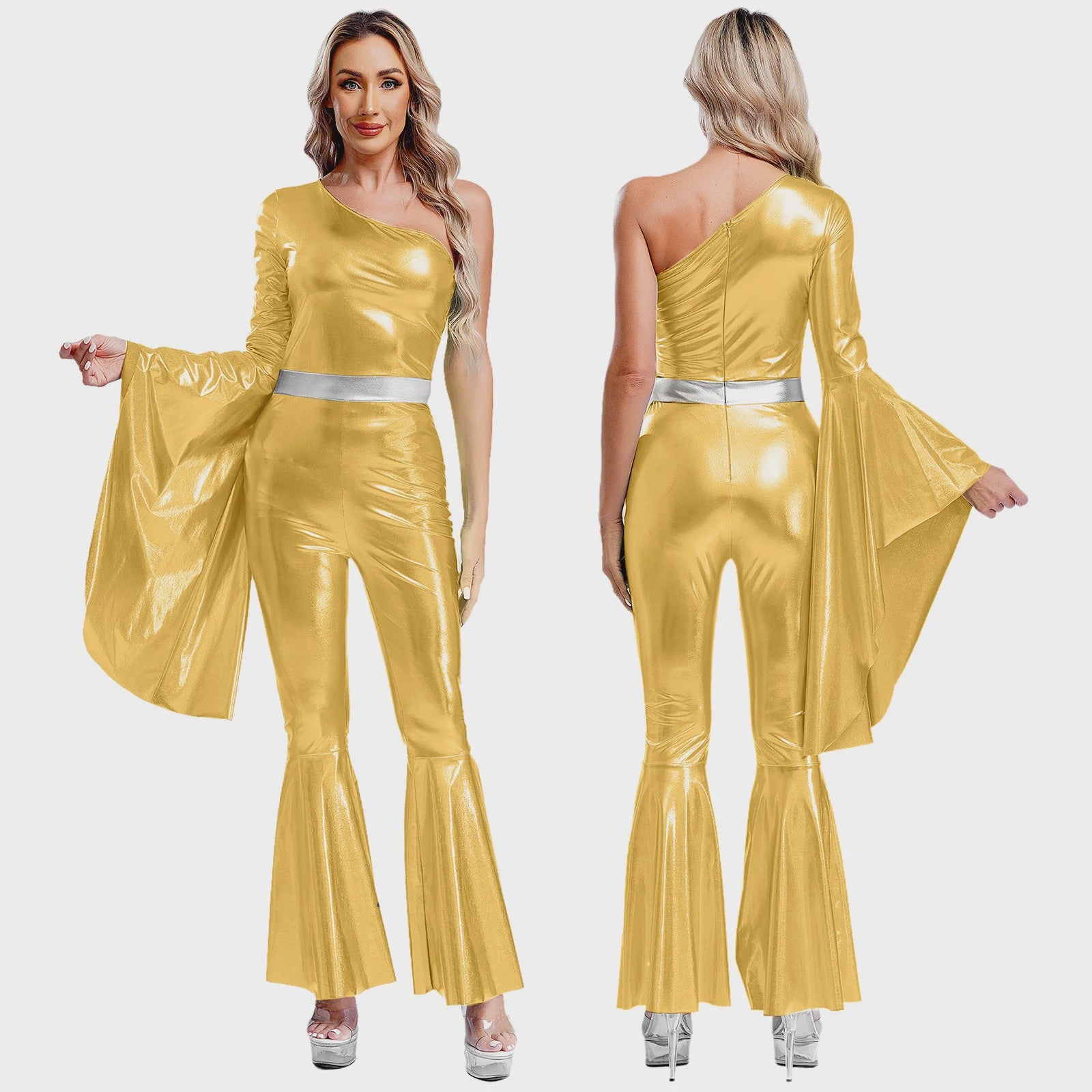 Dames Jumpsuit 70s Disco Metallic Met Wijde Pijpen en Flare Mouwen