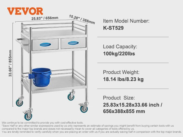 3-Laags Metalen Laboratorium Trolley - Mobiele Werkwagen met 100kg Draagvermogen
