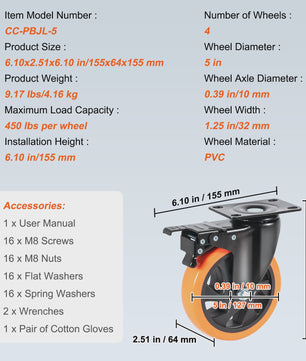 Set van 4 Zwenkwielen met Dubbel Rem & PVC Wielen - Diverse Maten