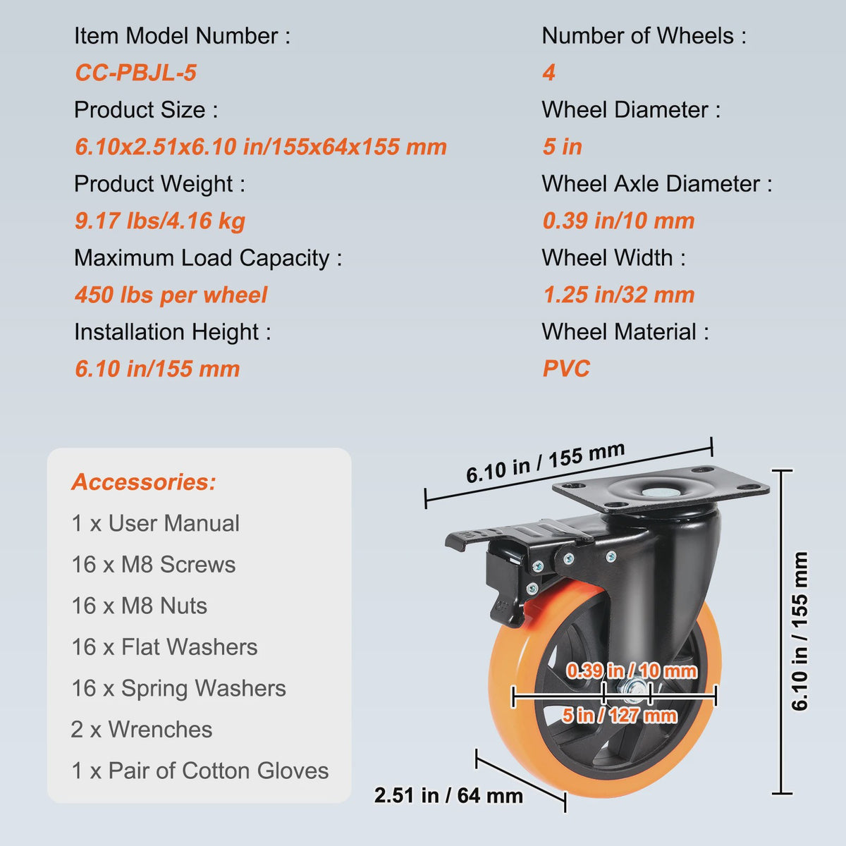 Set van 4 Zwenkwielen met Dubbel Rem & PVC Wielen - Diverse Maten