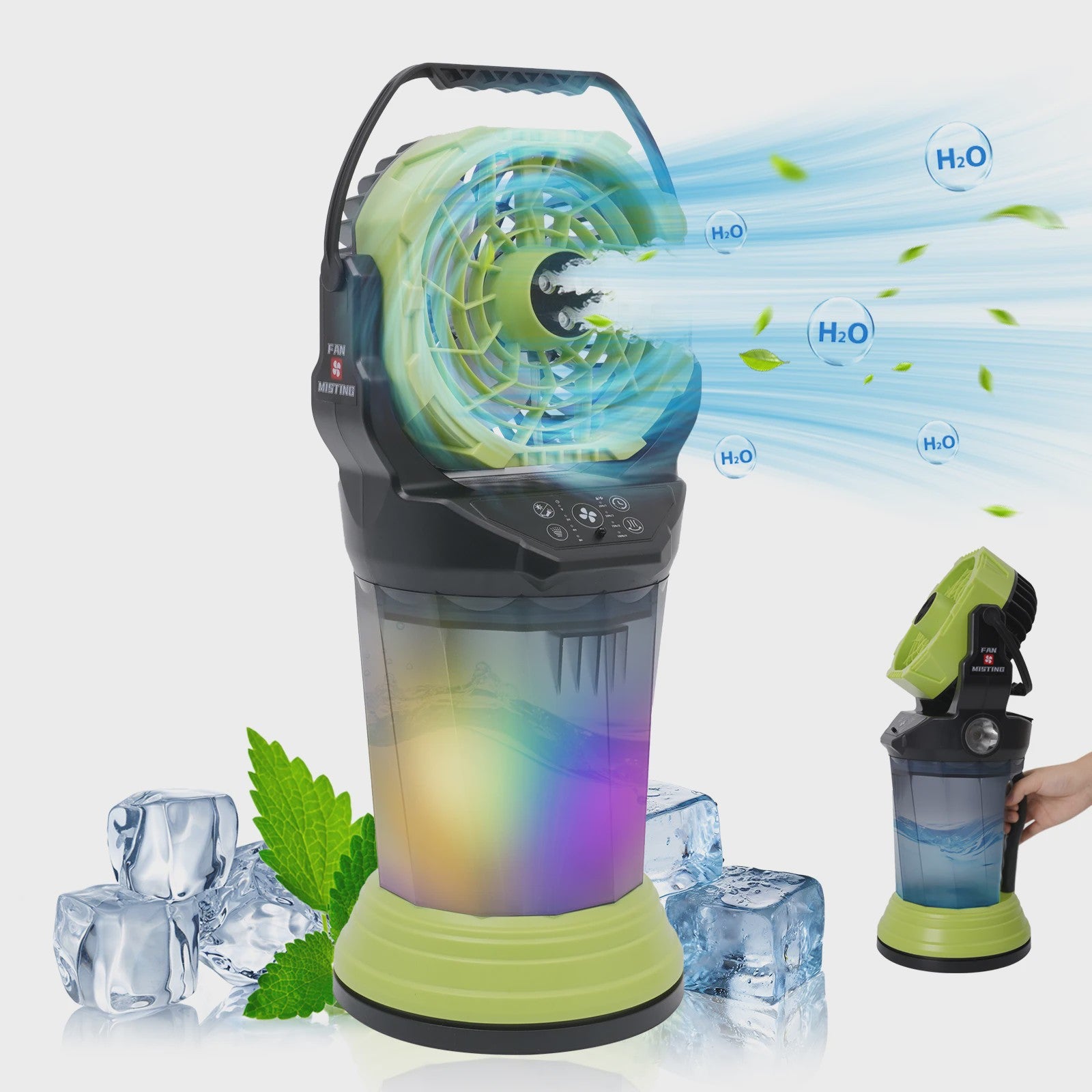 Draagbare Camping Ventilator met Vernevelaar, 2000ml Tank, 15000mAh Batterij & RGB LED Verlichting