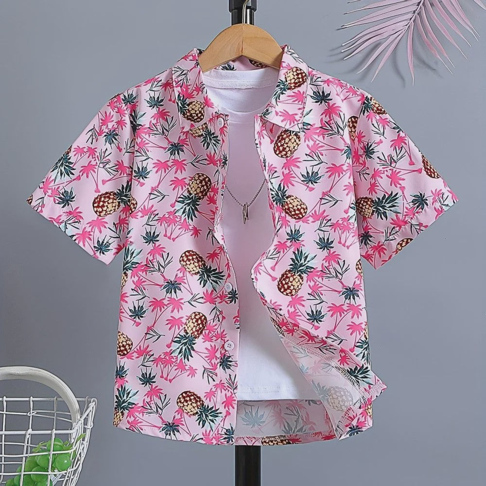 Kinder Hawaii Blouse Korte Mouw met Palmbomen Print - Perfect voor Vakantie en Buitenplezier