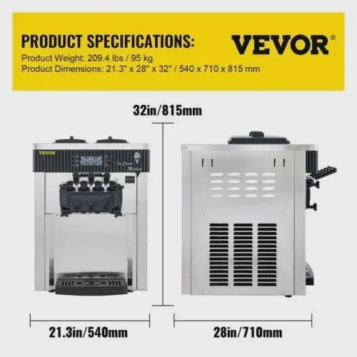 VEVOR Professionele Soft IJsmachine met 2+1 Smaken - 2200W