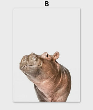 Schattige Safari Dieren Canvas Poster voor Kinderkamer - Olifant, Leeuw, Nijlpaard, Struisvogel, Varken