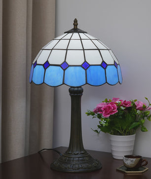 Vintage Gebrandschilderd Glas Tafellamp - Pauwstaart Stijl