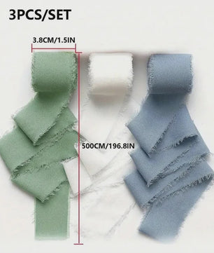 Handgemaakte Satijn Chiffon Lint Set - 3 Rollen van 5m met Rafeleffect voor Bruiloft, Cadeau & DIY Decoratie