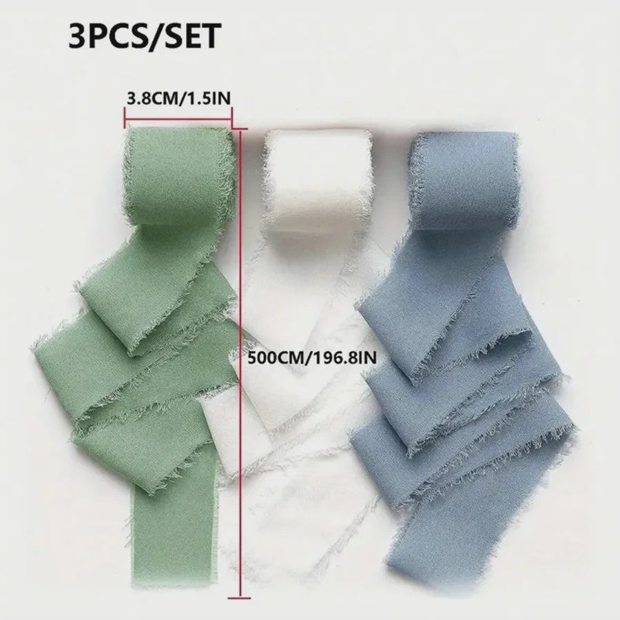 Handgemaakte Satijn Chiffon Lint Set - 3 Rollen van 5m met Rafeleffect voor Bruiloft, Cadeau & DIY Decoratie
