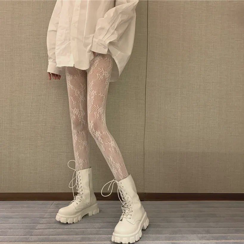 Luxe Lolita Pantyhose met Bloemig Kant en Mesh - Retro Stijl