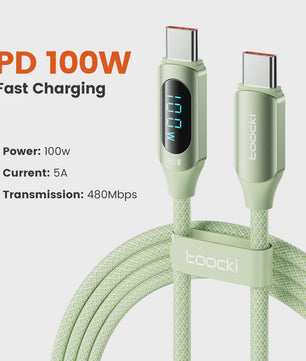 Toocki USB-C naar USB-C Kabel 100W PD Fast Charging met Digitaal Display