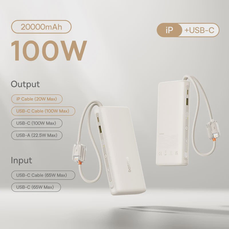 Baseus 145W Powerbank 25000mAh met Ingebouwde Type-C Kabels - Snel Laden voor Laptop, Tablet & Smartphone