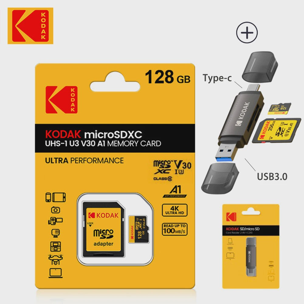 KODAK Micro SD Kaart 16GB - 256GB | Class 10 U3 4K | TF Kaart voor Drone & Telefoon