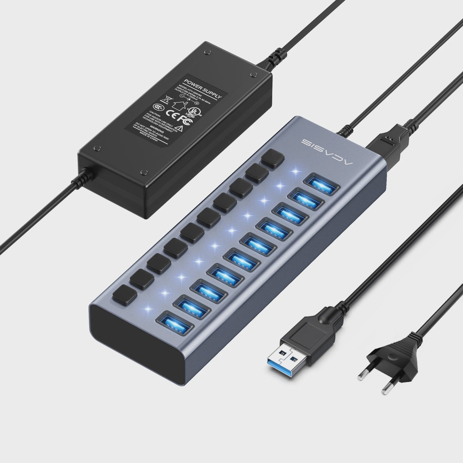Acasis 16-Poorts USB Hub 10Gbps met Individuele Schakelaars & Snelle Data Transfer
