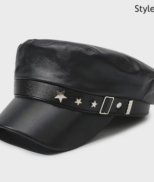 Klassieke Zwarte PU Lederen Baret met Vizier - Retro Stijl Pet voor Dames