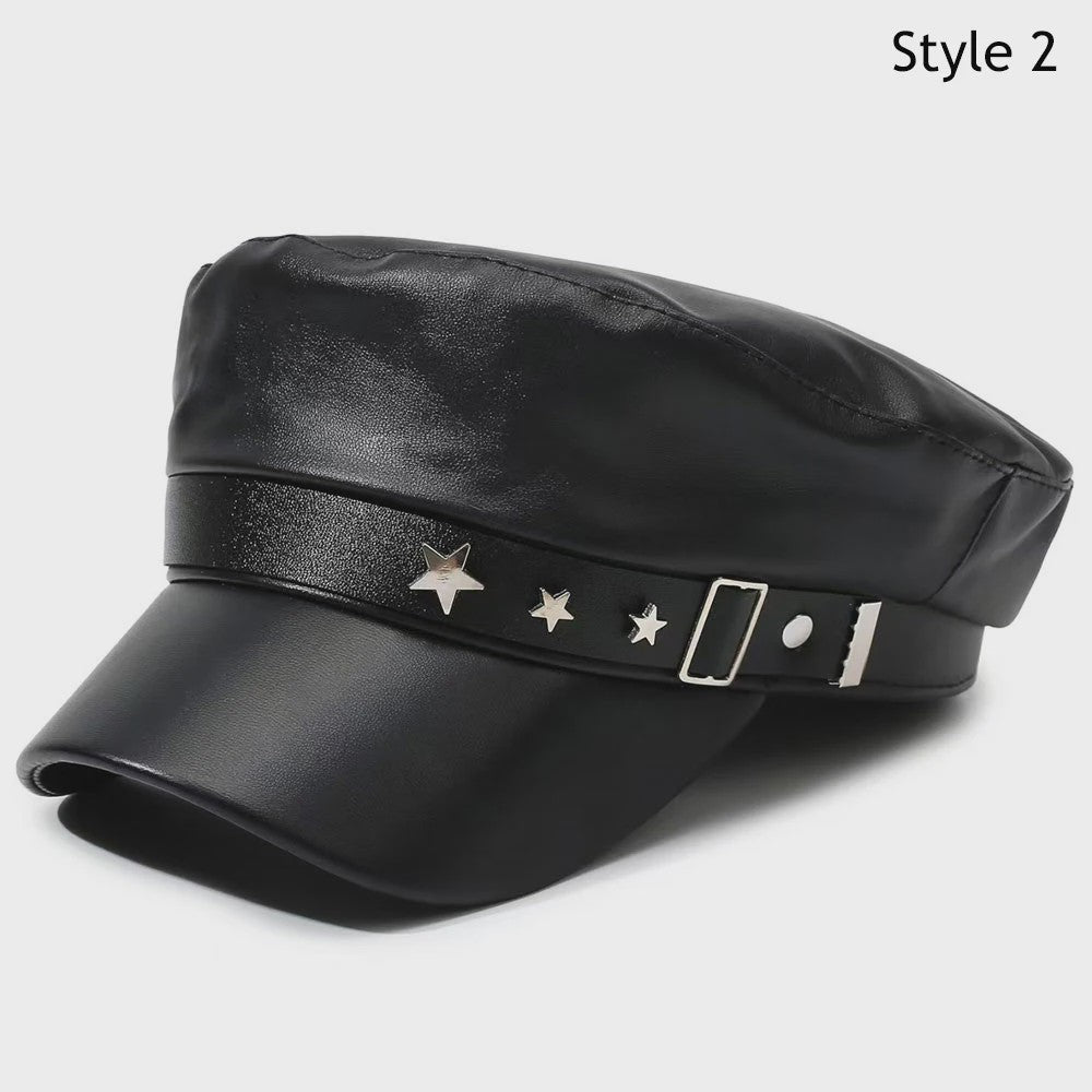Klassieke Zwarte PU Lederen Baret met Vizier - Retro Stijl Pet voor Dames