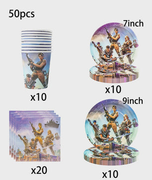 Fortnite Feestdecoratie Set: Beker, Bordjes, Tafelkleed & Meer voor Verjaardagen