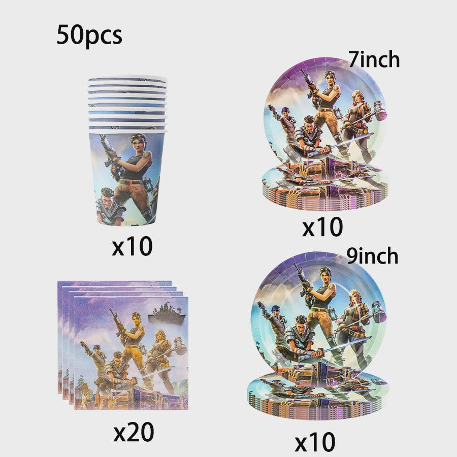 Fortnite Feestdecoratie Set: Beker, Bordjes, Tafelkleed & Meer voor Verjaardagen