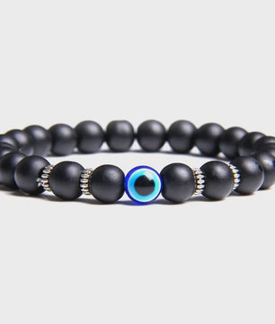 Set van 2 Handgemaakte Natuursteen Armbanden met Hanger Oog van Fatima & Lavasteen/Hematiet