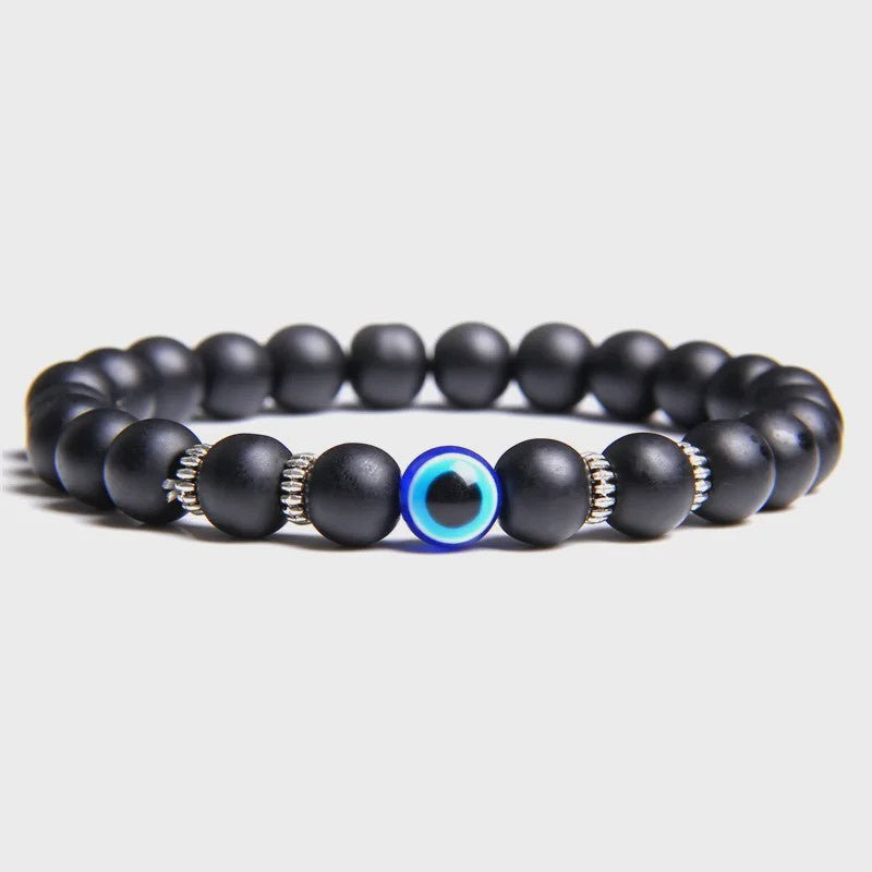 Set van 2 Handgemaakte Natuursteen Armbanden met Hanger Oog van Fatima & Lavasteen/Hematiet