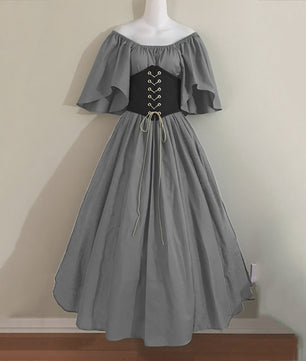 Middeleeuwse Retro Jurk met Contrastkleuren en Off-Shoulder Halslijn