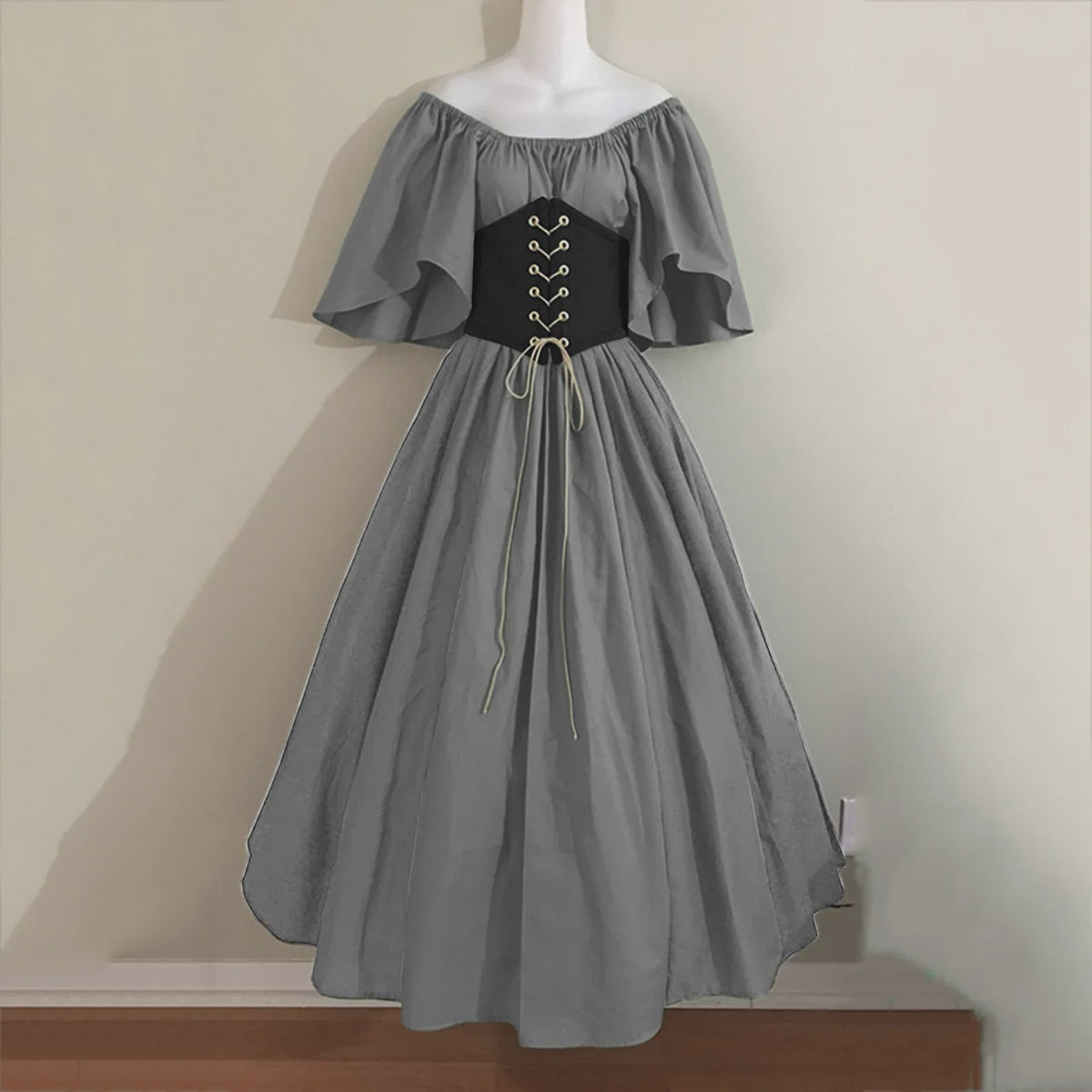 Middeleeuwse Retro Jurk met Contrastkleuren en Off-Shoulder Halslijn