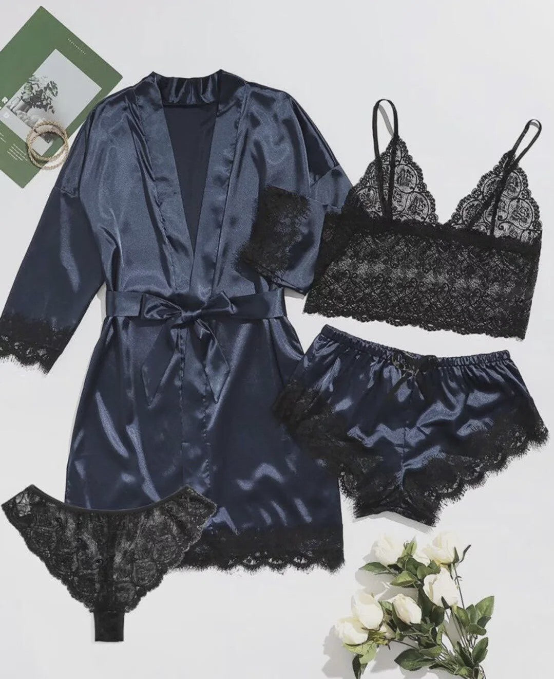 Luxe 4-delige Satin Pyjamaset met Kant - Comfortabel & Sexy