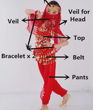Kind Buikdans Kostuum Set: Broek, Sluier & Accessoires (2-8 Delig)