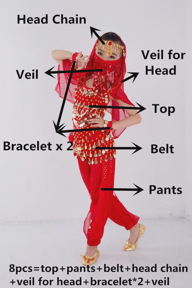Kind Buikdans Kostuum Set: Broek, Sluier & Accessoires (2-8 Delig)