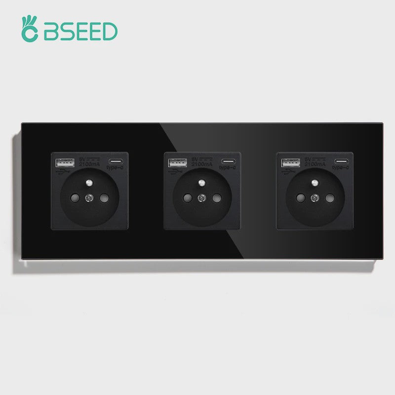 BSEED Wandcontactdoos met Dubbele USB & Type-C Poorten - Stijlvol Glazen Frame