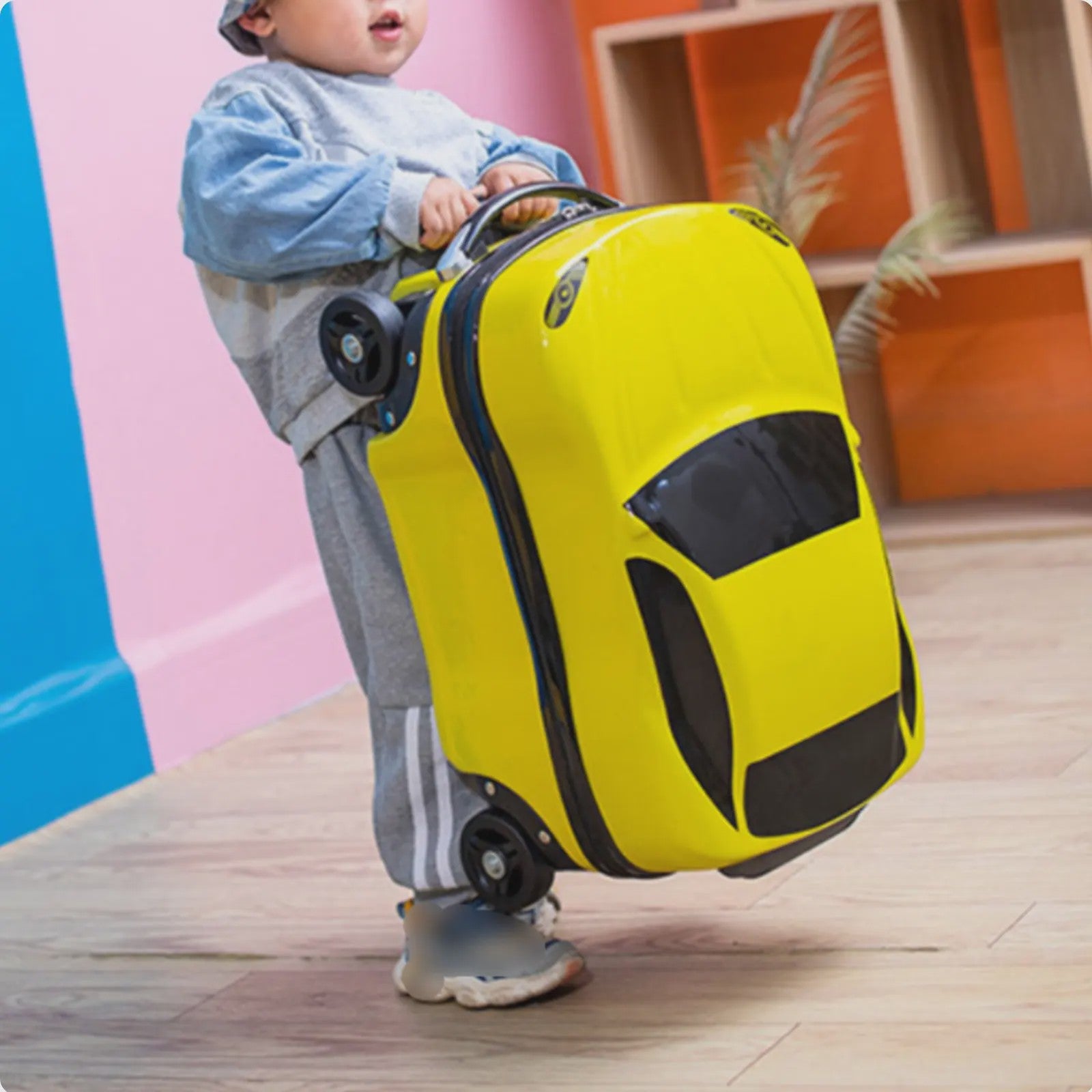 Vrolijke Kinder Koffer op Wielen - Cartoon Auto Design - Lichtgewicht Trolley voor Kinderen (2-10 jaar)