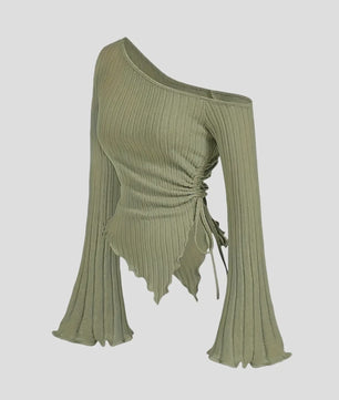Dames Off-Shoulder T-shirt met Trompetmouwen en Asymmetrische Pasvorm