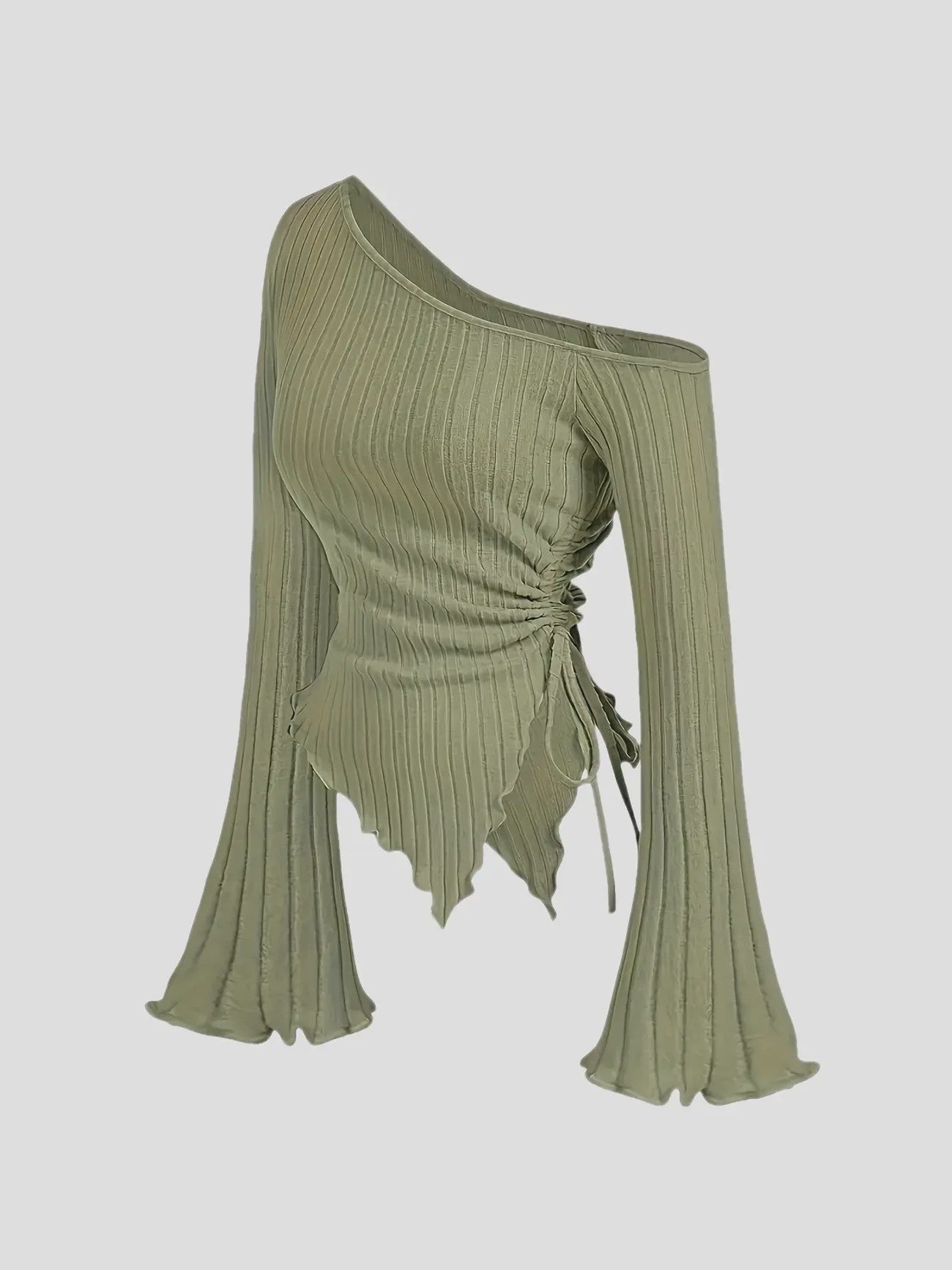 Dames Off-Shoulder T-shirt met Trompetmouwen en Asymmetrische Pasvorm