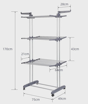3-Laags Kledingrek op Wielen - Dubbele Stang, Opvouwbaar Droogrek voor Binnen & Buiten - 75x64x170cm