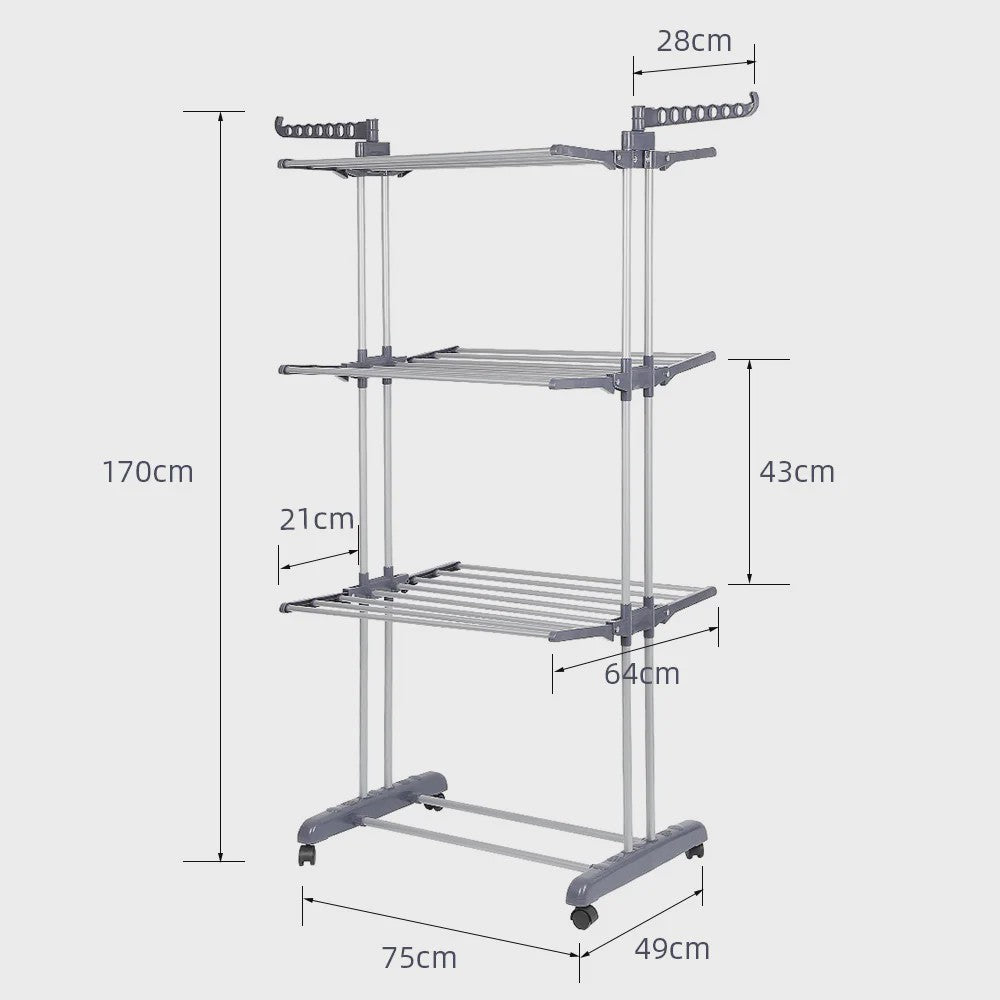3-Laags Kledingrek op Wielen - Dubbele Stang, Opvouwbaar Droogrek voor Binnen & Buiten - 75x64x170cm