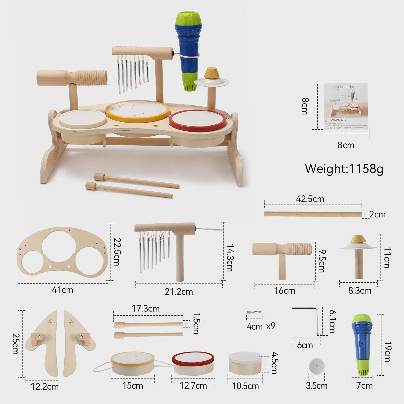 Houten Montessori Muziektafel voor Baby's & Kinderen - Xylofoon, Trommels & Windgong