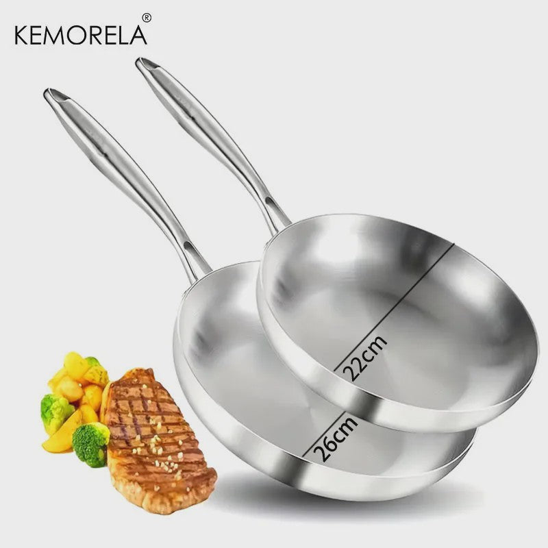 Set van 3 RVS Koekenpannen & Wokpannen (22-28 cm) - 5-laags Staal, 2mm Dik