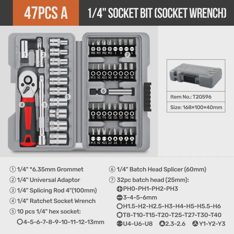Hi-Spec 40-delige Ratel Socket Bit Set - 1/4" Drive Quick-Release, Cr-V Staal