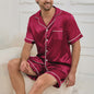 Heren Satin Pyjama Set Korte Mouw - Zomer Nachtkleding met Knopen Shirt & Elastische Short