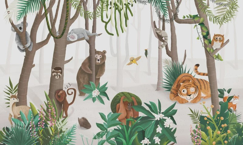 Milofi 3D Muurschildering Behang: Scandinavisch Bos met Jungle Dieren voor Kinderkamer