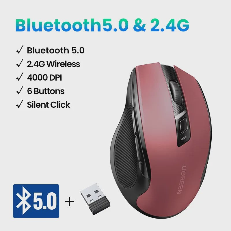 UGREEN Ergonomische Draadloze Muis: Bluetooth 5.0 & 2.4G, 4000 DPI, Stille Knoppen