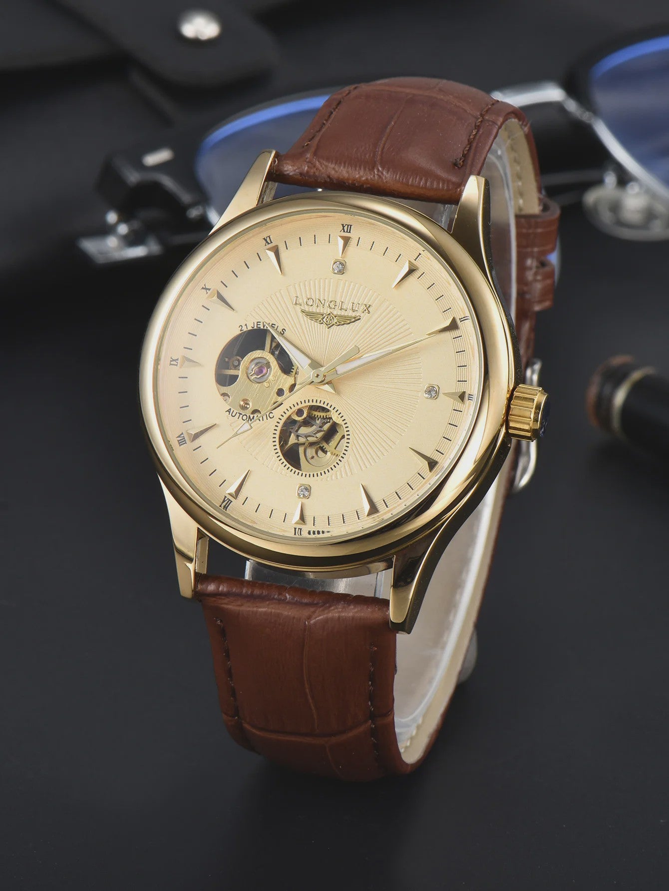 LONGLUX Heren Automatisch Skeleton Horloge - Elegant, Waterdicht & Romeinse Cijfers