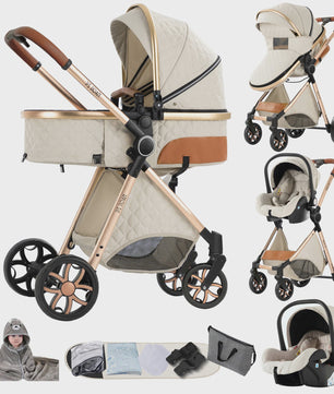 Magic ZC Premium 3-in-1 Baby Reiswieg & Kinderwagen Set - Luxe Beige, Compact, Inclusief Autostoel & Draagmand, Geschikt Vanaf Geboorte