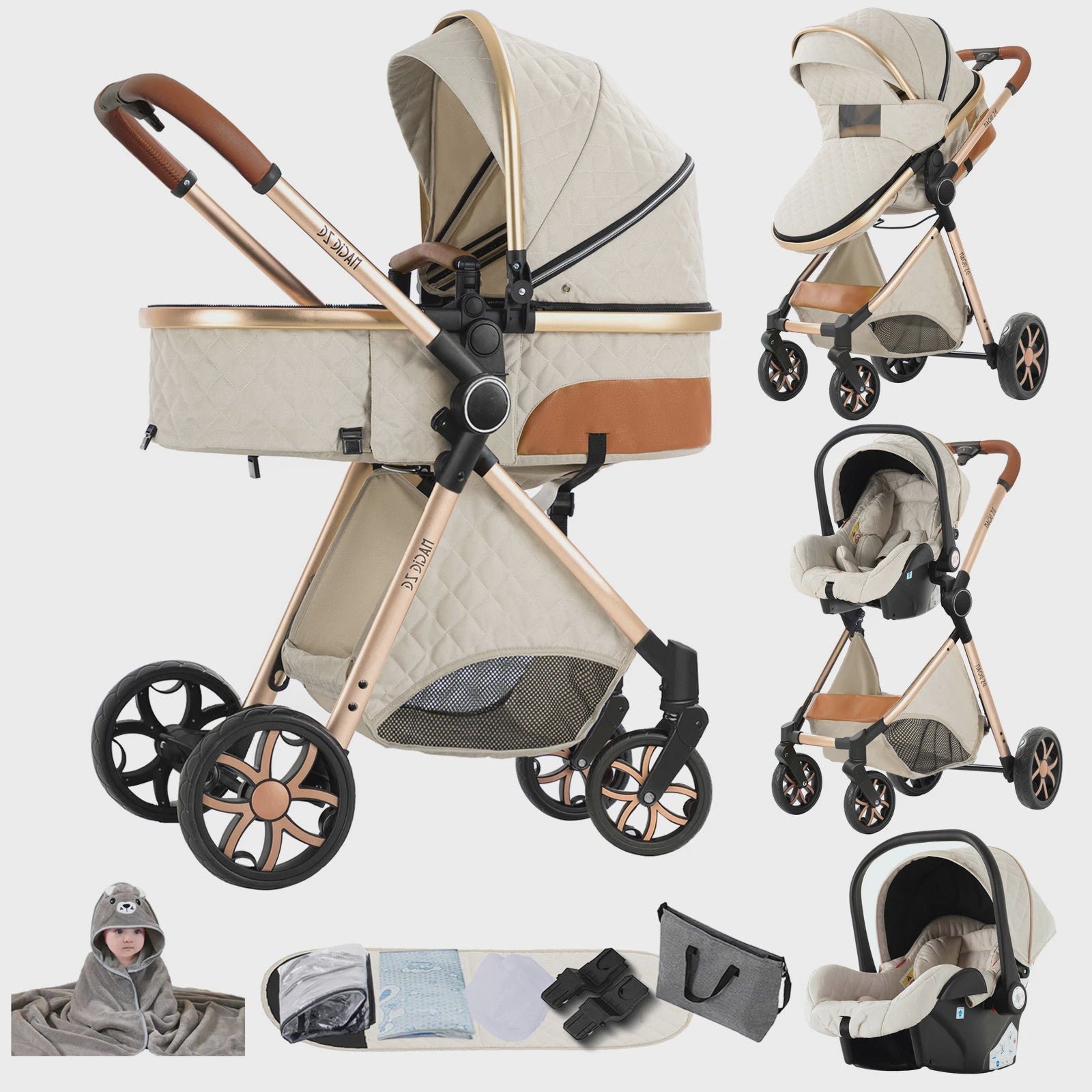 Magic ZC Premium 3-in-1 Baby Reiswieg & Kinderwagen Set - Luxe Beige, Compact, Inclusief Autostoel & Draagmand, Geschikt Vanaf Geboorte