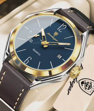 POEDAGAR Herenhorloge Leer - Zakelijk & Casual Kwarts Horloge met Datum & Waterdicht