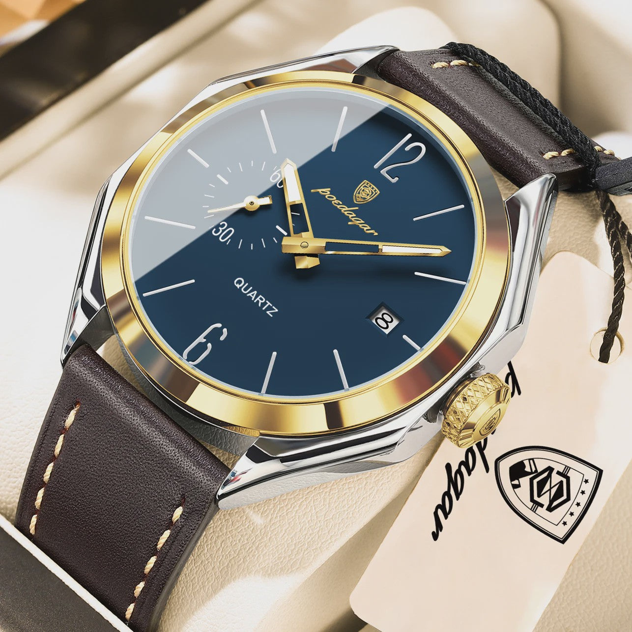 POEDAGAR Herenhorloge Leer - Zakelijk & Casual Kwarts Horloge met Datum & Waterdicht