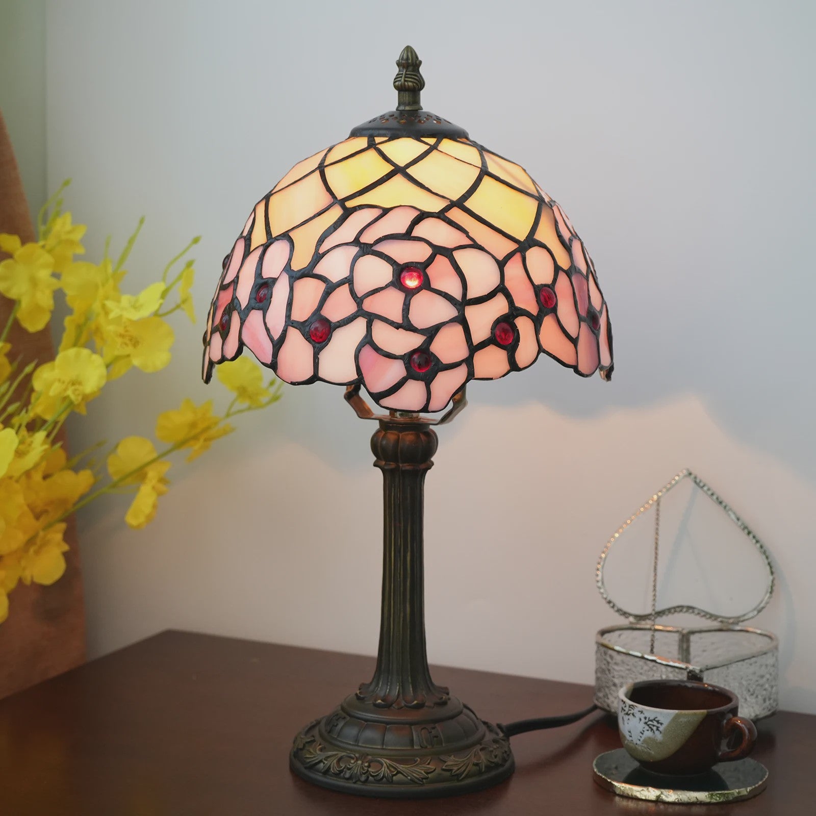 Vintage Stijl Tiffany Tafellamp - 20cm Breed Kleurrijk Glas - Sfeervolle Leeslamp