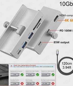 Aluminium USB 3.0/3.2 Hub met Clip: 5Gbps/10Gbps Docking Station voor Monitor & Bureau